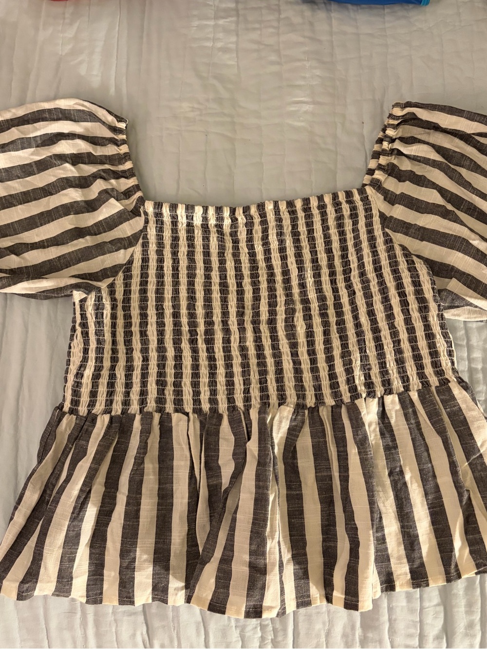 Striped Smocked Cropped Top in Beige and Dark Brown